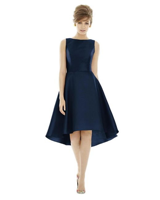 Alfred Sung Blue Bateau Neck Satin High Low Cocktail Dress