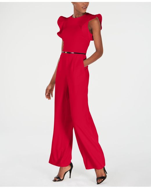 Calvin Klein Red Belted Ruffle-sleeve Jumpsuit, Regular & Petite Sizes