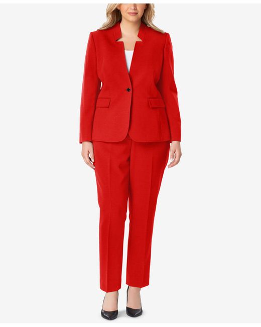 Tahari Red Plus Size Star-collar One-button Pantsuit