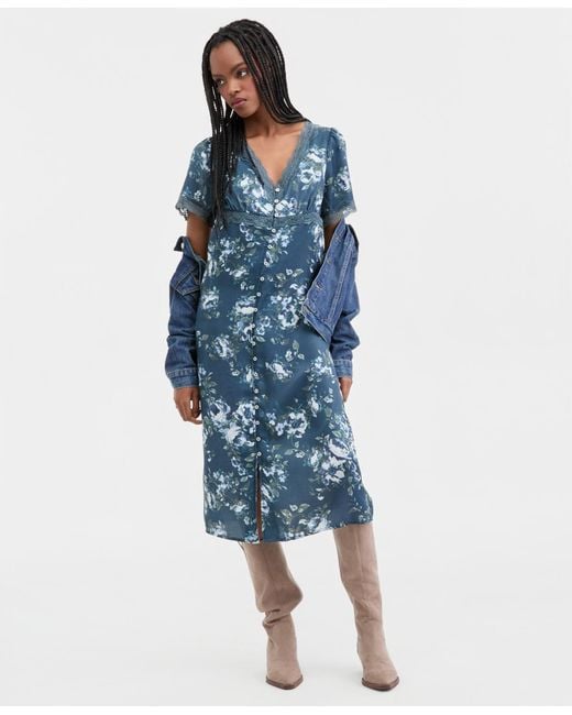 Lucky Brand Blue Lace Trim Floral Midi Dress