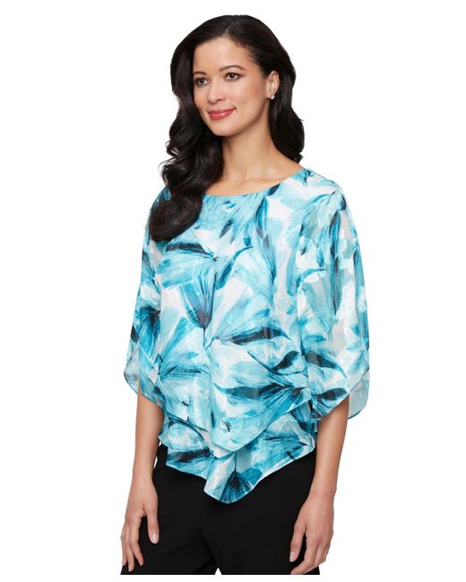 Alex Evenings Blue Printed Chiffon Burnout Blouse