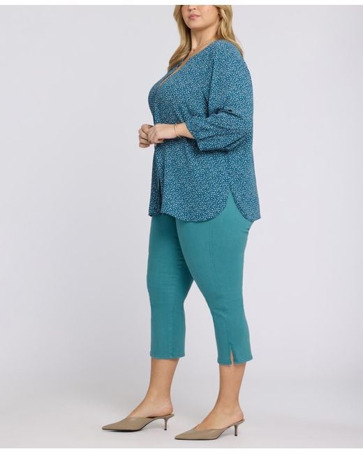 NYDJ Blue Plus Size Pintuck Split Neck Top