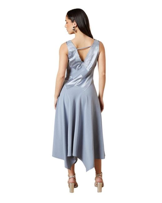 Oasis Blue V-neck Mesh Asymmetric Midi Dress