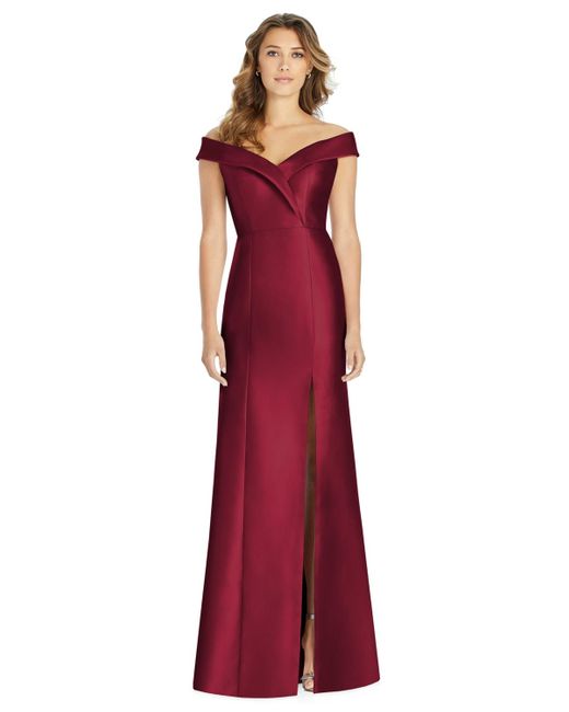 Alfred Sung Red Off-the-shoulder Satin Gown
