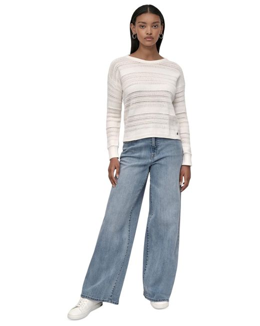 DKNY Blue Petite Crewneck Open-stitch Cotton Sweater