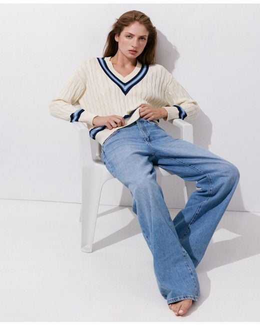 Mango White Cable-knit V-neck Sweater