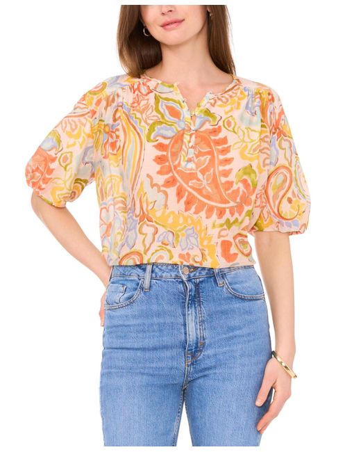 Vince Camuto Blue Printed Puff-sleeve Top
