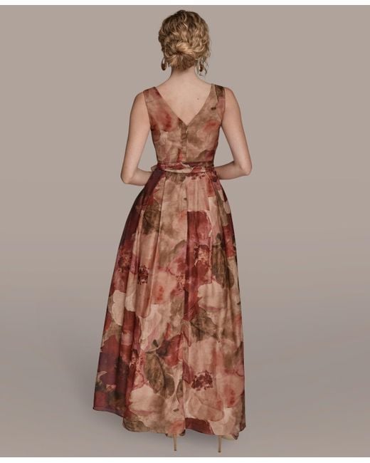 Donna Karan Brown V-neck Floral Ball Gown