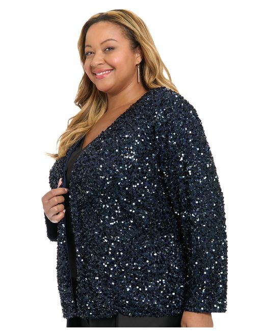 Muse Blue Plus Size Sequined V-neck Jacket