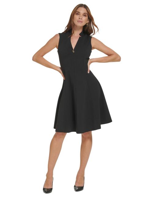 Calvin Klein Black Collared V-neck Sleeveless A-line Dress
