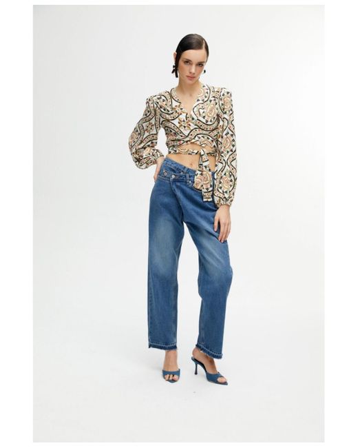 Nocturne Blue Printed Double-breasted Crop Top