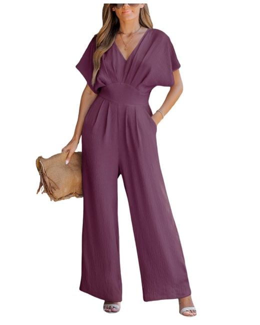 CUPSHE Women's Purple V-neck Short Sleeve Straight Leg Jumpsuit