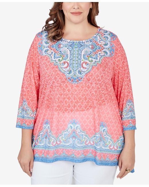 Ruby Rd Red Plus Size Embellished Guava Border Print Sublimation Top
