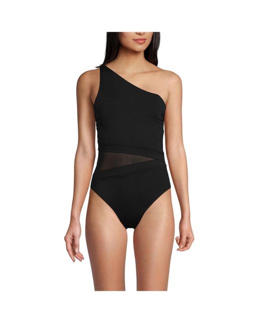 Lands' End Black Chlorine Resistant Smoothing Control Mesh High Leg One Shoulder One Piece Swimsuit