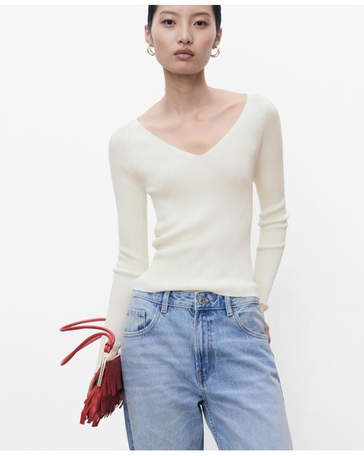 Mango White V-neck Ribbed Knit Sweater