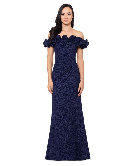 Xscape Blue Off-the-shoulder Floral Brocade Gown