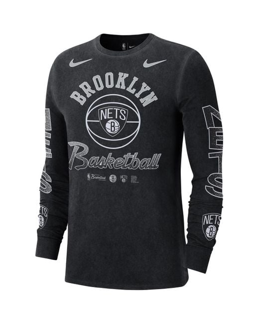 Nike Black Distressed Brooklyn Nets Courtside Retro Elevated Long Sleeve T-shirt for men