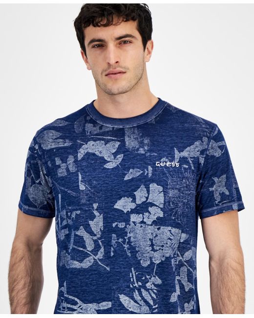 Guess Blue Allover Leaf Print Short Sleeve Crewneck T-shirt for men