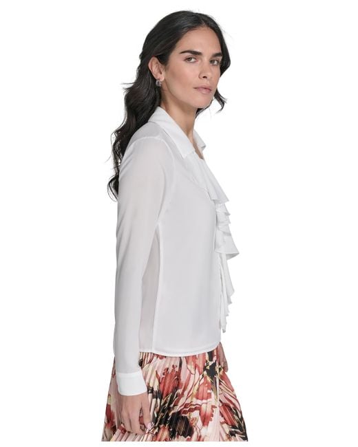 Calvin Klein White Long-sleeve Ruffle-front Blouse