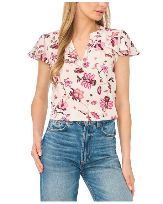Cece Pink Flutter-sleeve V-neck Top