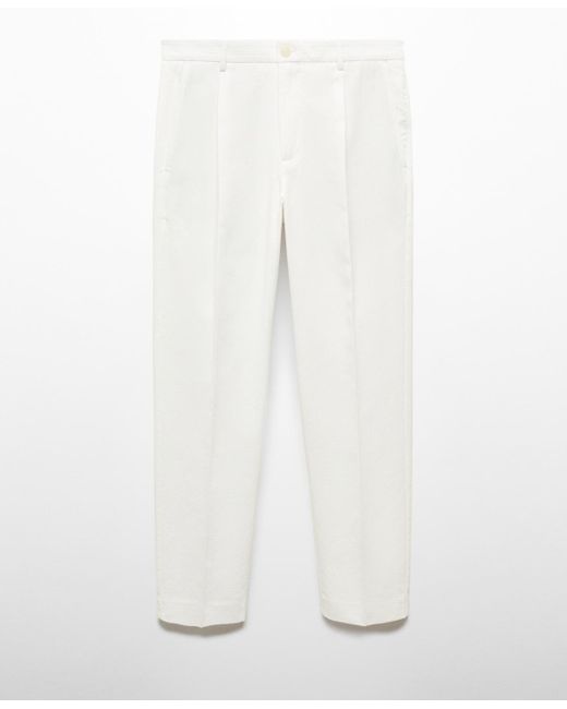 Mango White Pleated Texture Slim Fit Trousers for men