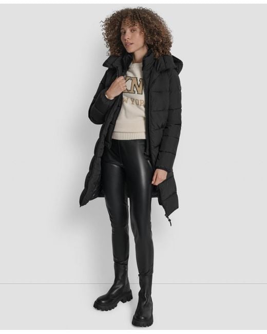 DKNY Black Bibbed Hooded Zip-front Puffer Coat
