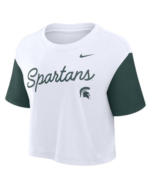 Nike Blue White/green Michigan State Spartans Color Block Script Performance Cropped T-shirt
