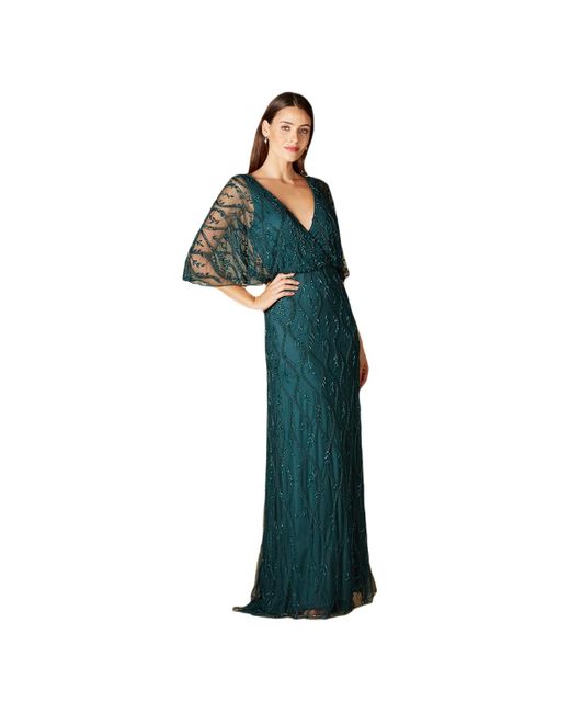 Lara Green Illusion Cape Sleeve Beaded Gown