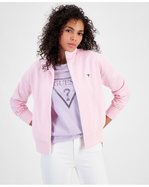 Guess Pink Mylah Zip Front Contrast Trim Sweatshirt