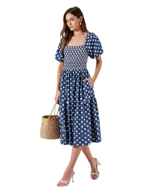 Modenaire Blue Smocked Puff-sleeve Tiered Midi Dress
