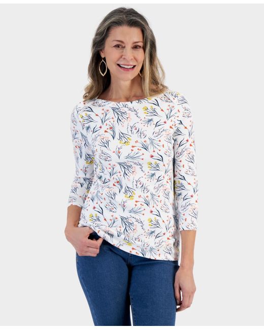 Style & Co. White Petite Boat-neck 3/4-sleeve Top