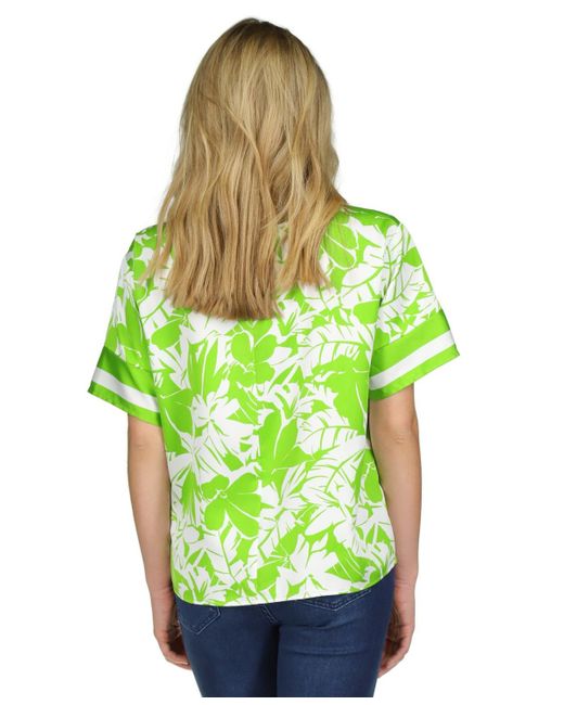 Michael Kors Green Michael Petite Palm-print Satin Twill Short-sleeve Blouse