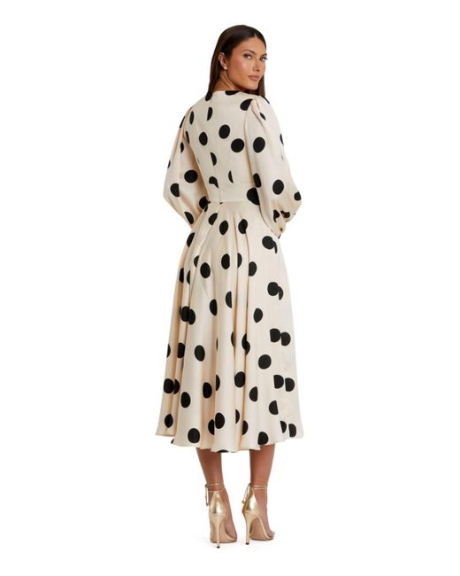 Mac Duggal White Polka Dot Charmeuse Long Sleeve V Neck Midi Dress