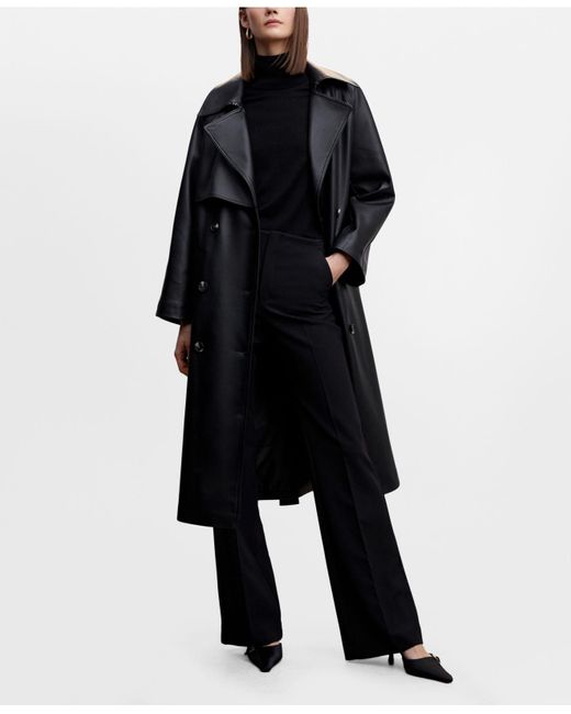 Mango Oversize Leather-effect Trench Coat in Black | Lyst