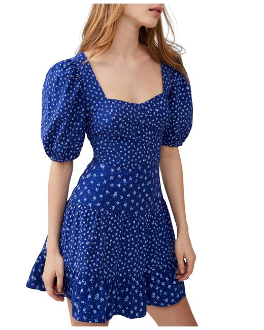 French Connection Blue Printed Puff-sleeve A-line Dress