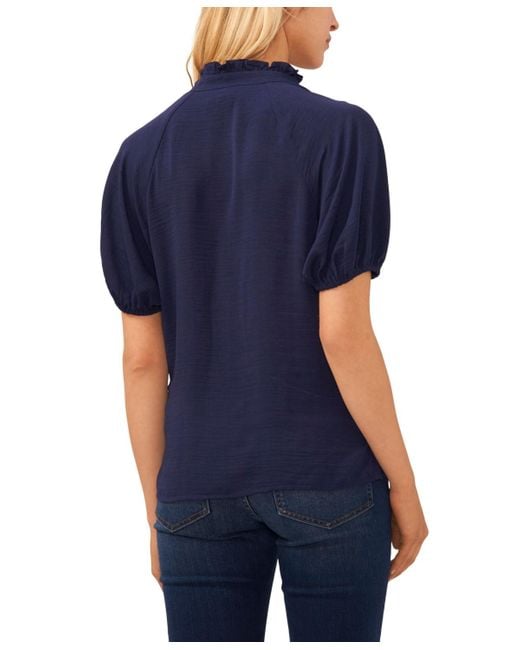 Cece Blue Short Sleeve Ruffle Neck Raglan Split Neck Blouse