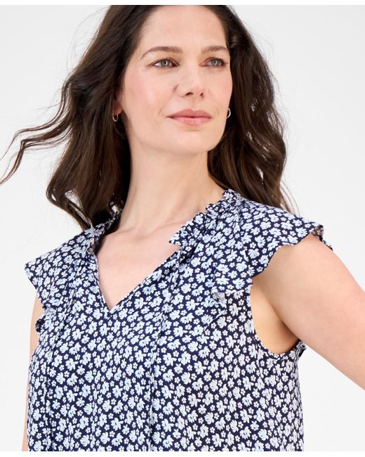 Nautica Blue Floral-print Flutter-sleeve Blouse