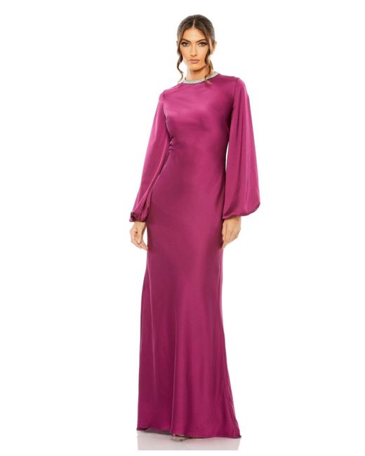 Mac Duggal Purple Ieena Satin Long Blouson Sleeve Evening Gown
