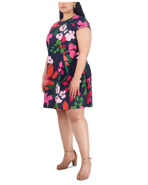 Jessica Howard Red Plus Size Floral-print Cap-sleeve Dress