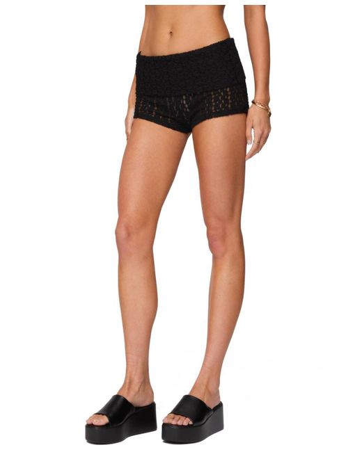 Edikted Black Rye Sheer Textured Fold Over Shorts