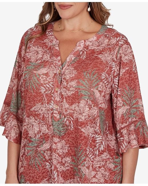 Ruby Rd Red Plus Size Tropical Floral Burnout Split Neck Top