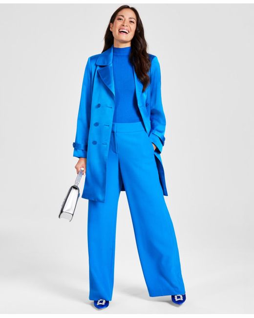 Tahari Blue Satin Tie-waist Long-sleeve Trench Jacket