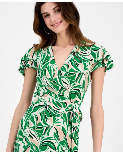 Anne Klein Green Faux-wrap Flutter-sleeve Print Dress