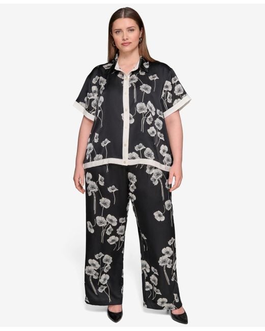 Karl Lagerfeld Black Plus Size Flower-print Button-down Shirt