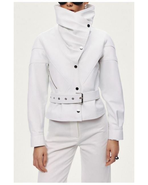 Nocturne White High-neck Belted Jacket