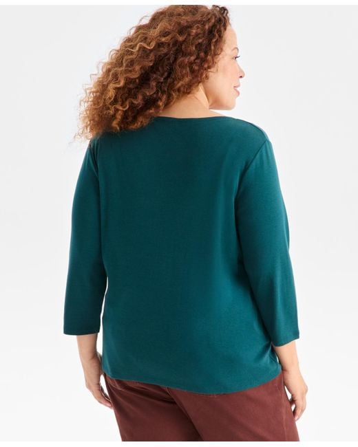 Style & Co. Green Plus Size 3/4-sleeve Cotton Henley Top