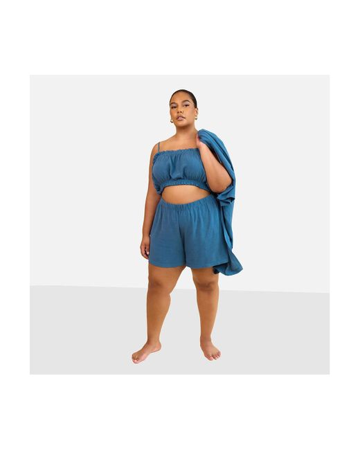 Rebdolls Blue Plus Size Clio Linen Peasant Crop Top