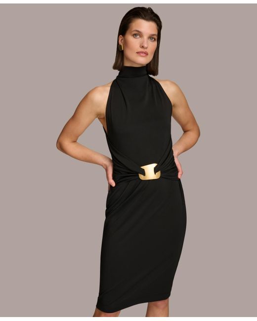 Donna Karan Brown Mock Neck Wrap-waist Jersey Dress