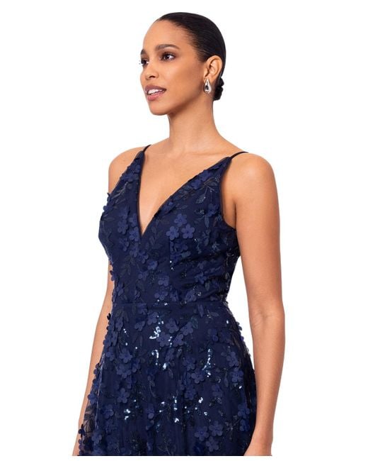 Xscape Blue 3d Floral-applique Sequined Gown