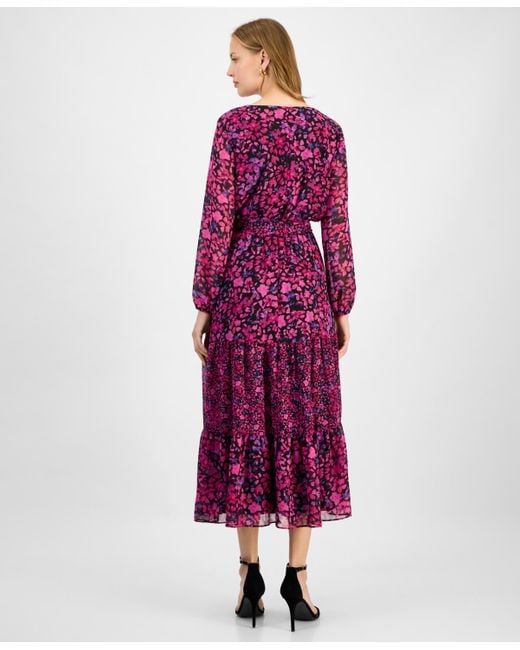 Kasper Purple Floral-print Tiered Fit & Flare Dress